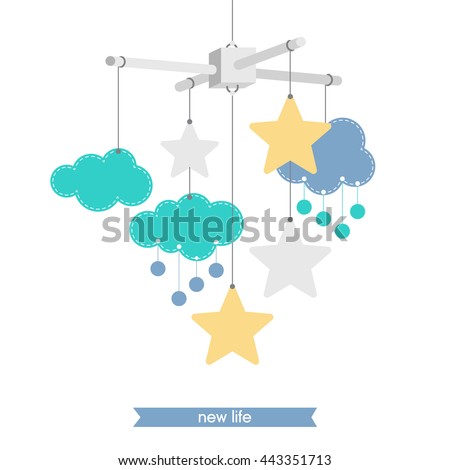 Newborn card. Illustration of baby mobile: stars and clouds. Vector baby shower invitation. Vector hanging baby toy.