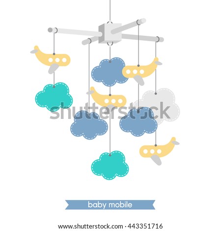 Newborn card. Illustration of baby mobile: clouds and airplanes. Vector baby shower invitation. Vector hanging baby toy.