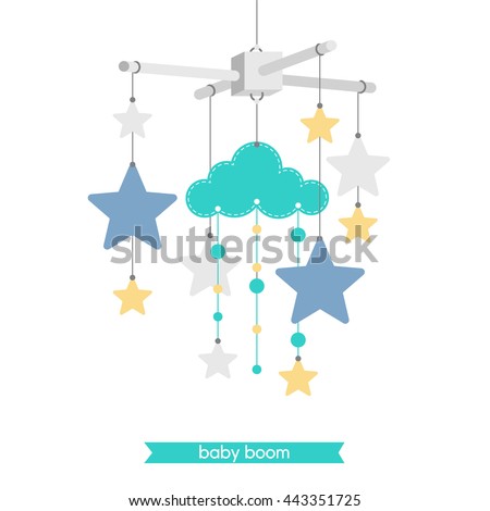 Newborn card. Illustration of baby mobile: cloud and stars. Vector baby shower invitation. Vector hanging baby toy.