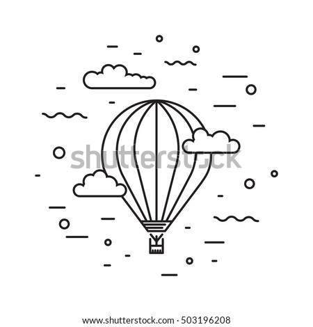 Dirigible and hot air balloons airship. Tools of Aeronautics such as the airship and the balloon to move the delivery by air of goods and people. Elements are drawn in vector in a linear style