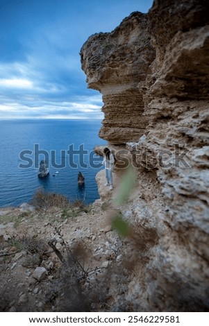 Similar – Image, Stock Photo Female tourist contemplating picturesque landscape