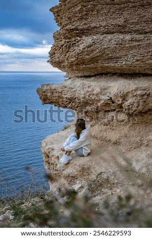 Similar – Image, Stock Photo Female tourist contemplating picturesque landscape