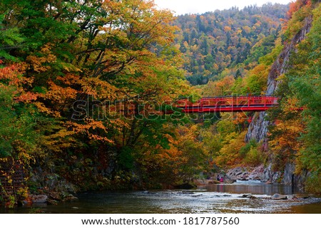 Scenery of the red Futami suspension bridge over Toyohira River with beautiful fall colors on the riverside cliffs in Jozankei (定山渓), a famous Onsen (hot spring) destination in Sapporo Hokkaido, Japan 商業照片 © 