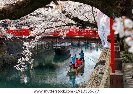 Tourists take a Hanami Boat Tour along Suimon-Gawa Canal under a red bridge and beautiful cherry blossoms (Sakura) in Ogaki 大垣 (final destination of the historic Oku no Hosomichi Journey), Gifu, Japan 商業照片 © 