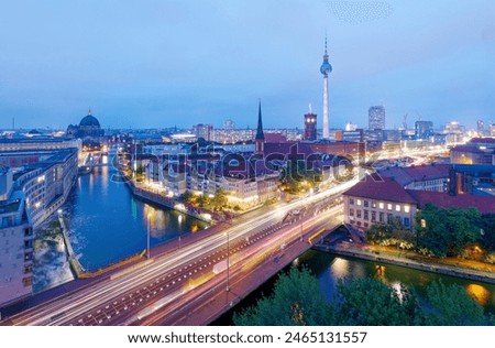 Similar – Image, Stock Photo Berlin skyline Panorama Aerial view with famous TV tower at Alexanderplatz in twilight during blue hour at dusk, Germany. copyspace for your individual text.