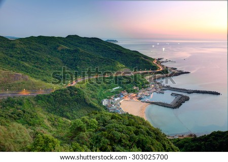 Aerial panorama of a fishing village at dawn on northern coast of Taipei Taiwan ~\
Coast Highway, Coastline and  a Fishing village at dawn ~