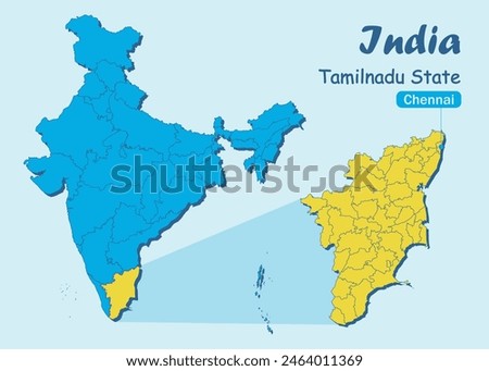 Tamil Nadu India vector map illustration. Tamil Nadu District vector map illustration. Tamil Nadu political outline. Illustration. India Map with Highlighted Tamil Nadu state. India Map.