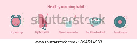 Healthy morning habits icon collection. Daily routine. Tracker stickers. Early wake up, light exercises, nutritious breakfast and favorite music. Isolated vector illustration. Banner vector template Foto stock © 