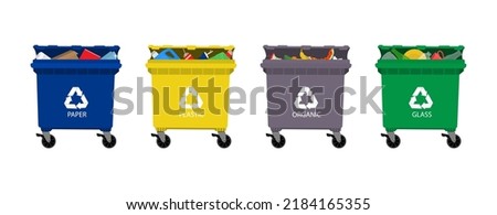 Different colored trash cans with paper, plastic, glass and organic. Segregate waste, sorting garbage, waste management. Vector flat illustration