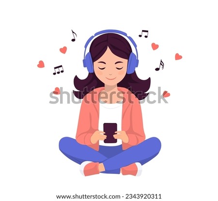 Woman enjoying songs in headset via smartphone.Music lover. Vector illustration