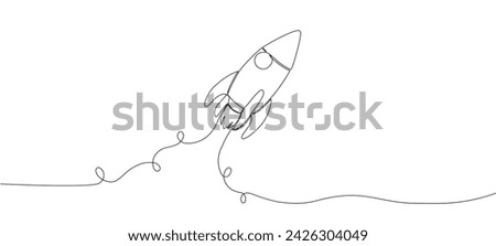 One continuous editable line drawing of a retro spaceship flying upwards. Rocket of a spaceship being launched into space. Single line drawing vector graphic illustration