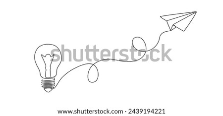 Light bulb, paper airplane flying upwards in one continuous editable line. Business idea symbol. Vector illustration in simple linear style.