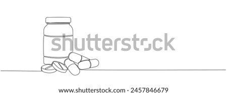 One continuous line drawing of tablets and capsules in plastic jar . Pharmaceutical drugs, medical supplies, vitamins, antibiotics in simple linear style.