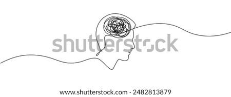 Continuous single line drawing of a person with confused thoughts. Concept of mental health problems, stress, grief, headache in simple linear style. Vector editable illustration