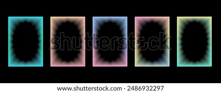 Collection of transparent rectangular gradient frames with wavy oval inner borders.   Set of Retro frames with zigzag edges with blurring . . Vector illustration on black background  