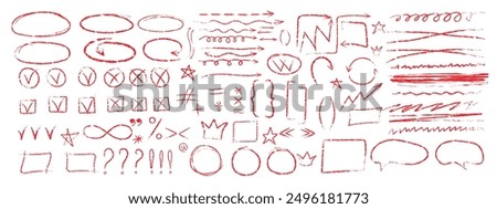 Set of different arrows speech bubbles, symbols, punctuation marks, asterisks, colons, underlines, crossouts drawn in red chalk, charcoal or pencil. Vector elements bubbles wavy lines, swoosh