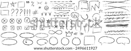 Set of different arrows speech bubbles, symbols, punctuation marks, asterisks, colons, underlines, crossings drawn in red chalk, charcoal or pencil. Vector elements.