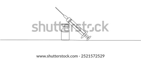 Drawing of syringe, vial and ampoule with medicine in one continuous editable line. Symbol of pharmaceutical drugs and vaccines. Vector line illustration.