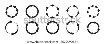 A set of circular arrow icons. Forward icon. Two to eight arrows in a cycle. Symbol of renewal, repetition, recycling. Vector illustration.