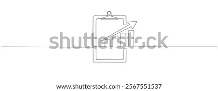 Clipboard with a single continuous line chart. . Vector illustration of business growth. Single line histogram upward arrow. Vector editable illustration.