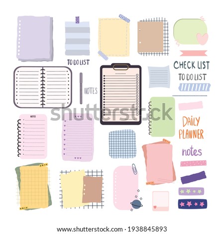 Blank set of paper notes.Hand drawn doodle lined note paper. Notebook, list, planner and diary, bullet journal paper sheets. Isolated on white background