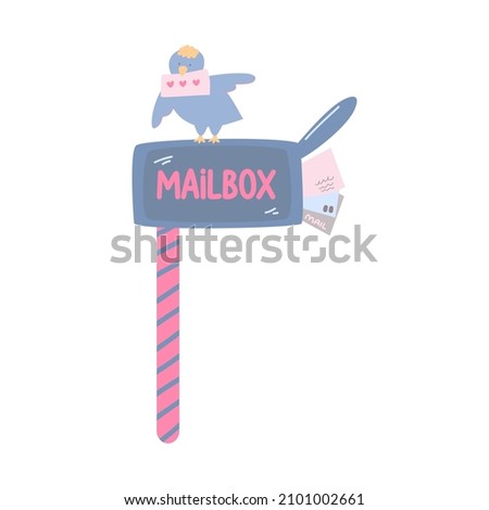 Blue mailbox with letters. Bird on the mailbox. Vintage mailbox. Valentine's Day. Vector illustration in flat cartoon style. For postcards, banners, invitations.