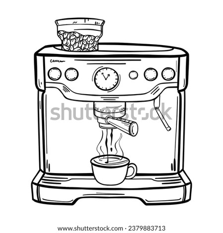 Coffee machine illustration. Sketch of making flavored coffee. Kitchen appliances. Isolated object. 