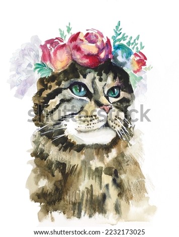 Cat portrait watercolor illustration. Pet painting isolated on background