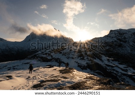 Similar – Foto Bild Sonne scheint am nebligen Morgen über den Bergen