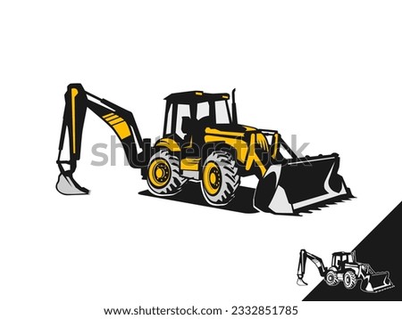 The vector illustration portrays a backhoe loader, depicting its versatile features such as hydraulic arms, scoop bucket, and robust tires with intricate detail. 