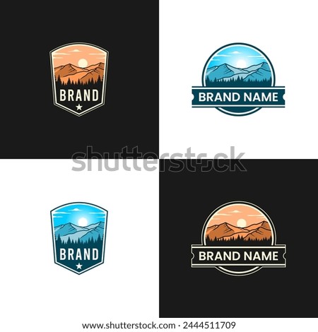 The badge logo vector featuring a valley nestled between mountains under a vast sky, adorned with pine trees around. 