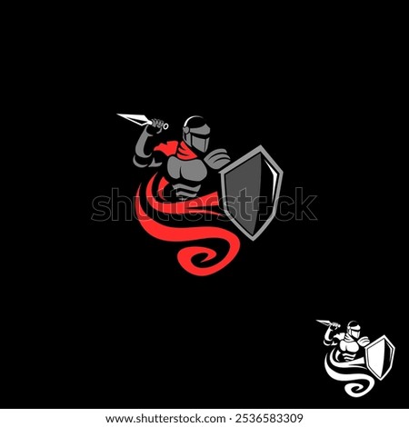 An Illustration logo featuring a knight in a strong stance, holding a sword and shield with conviction. The knight’s armor is finely detailed, representing courage and resilience.