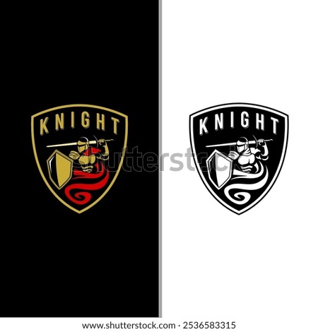 An Illustration logo featuring a knight in a strong stance, holding a sword and shield with conviction. The knight’s armor is finely detailed, representing courage and resilience.