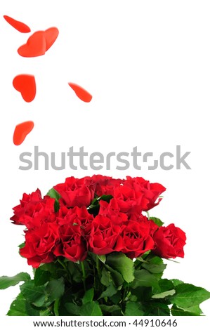 Roses bouquet and heart rain isolated on white background