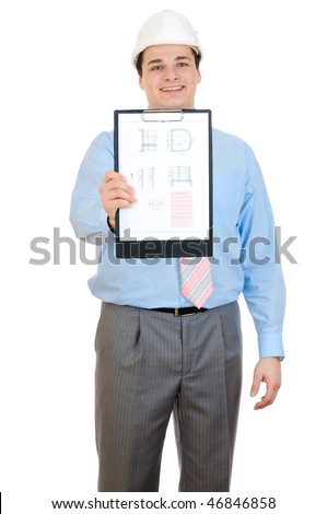 An engineer holding clipboard and hard hat isolated on white background