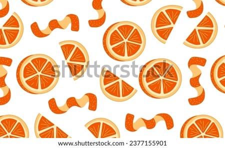 Orange zest, orange slices seamless pattern on white background. Tangerine citrus wallpaper for printing or packaging.	