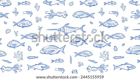 Fish, lobster, shrimp and squid hand drawn seamless pattern. Ocean fish and sea life outline wallpaper. Blue seafood elements on white background. Design for branding, restaurant and menu.