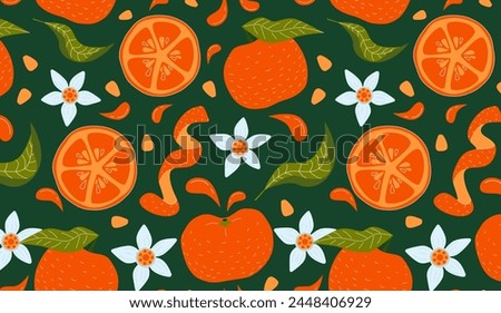 Orange, leaves, flowers, seeds and orange peel seamless pattern on green background. Tangerine exotic citrus wallpaper for printing or packaging.