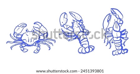 Seafood set with crab and lobster in blue outlines isolated on white background.Hand drawn vector illustration. Design for seafood menu, coastal decor. Marine life and cuisine concept.