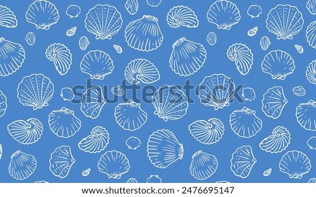 Shells seamless pattern. Hand drawn seashells on blue background. Marine inspired design. Coastal and beach theme.