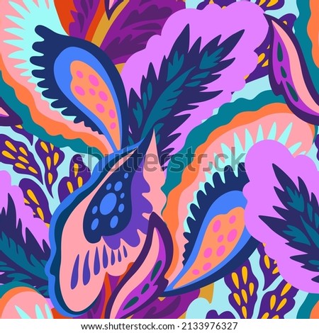 Bright colorful seamless pattern with floral and plants element in psychedelic vibrant funky style. 商業照片 © 