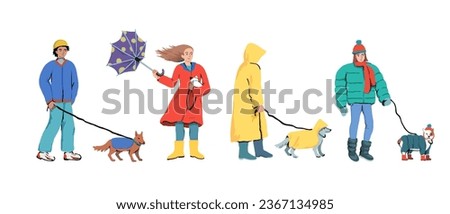 People walk dogs in bad weather. A walk with a dog in the fall and winter in the rain on a cold day. A set of isolated characters. Vector illustration
