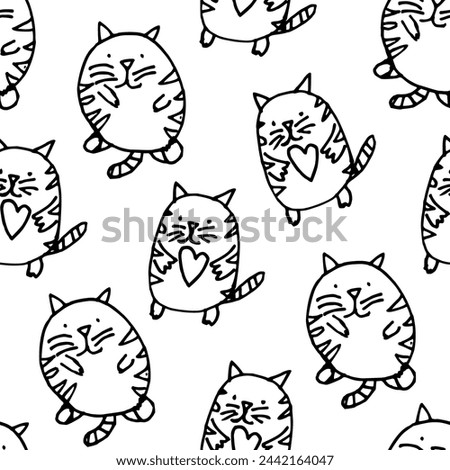 Seamless pattern with funny doodle cats with heart in paws. Outline contour hand-drawn illustration. Vector black and white print.