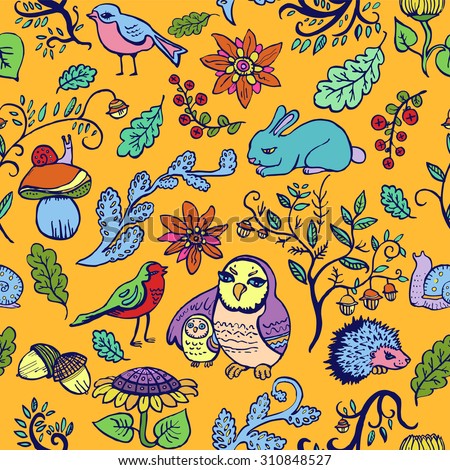 Cute seamless colorful pattern with owls, birds, flowers and forest animals. Vector illustration.