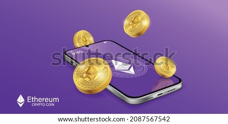 Crypto currency, ethereum Crypto on Mobile. Banner Vector.Flat design style web banner of blockchain technology, bitcoin, altcoins, cryptocurrency mining, finance, digital money market