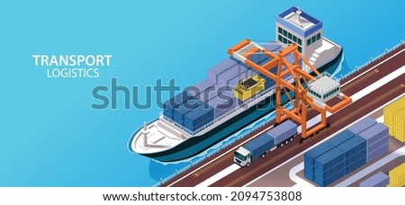 Vector isometric industrial cargo port. Container terminal with cranes, container carrier ship and warehouse. Vessel unloaded by gantry cranes.