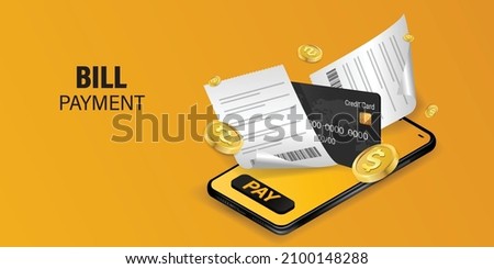 Bill of expenses is on mobile phone.Pay bills with mobile phone.Online shopping spending.Online shopping via smartphone.Bill payment flat isometric vector concept of mobile payment, shopping, banking.