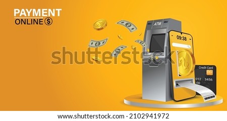 Using online money instead of cash. Fast and convenient mobile online transactions. Pay bills via mobile phone without using an ATM. Convenient and fast phone payment application. Vector illustration.