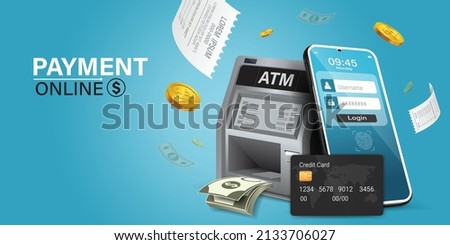 Using online money instead of cash. Fast and convenient mobile online transactions. Pay bills via mobile phone without using an ATM. Convenient and fast phone payment application. Vector illustration.