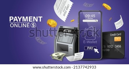 Using online money instead of cash. Fast and convenient mobile online transactions. Pay bills via mobile phone without using an ATM. Convenient and fast phone payment application. Vector illustration.